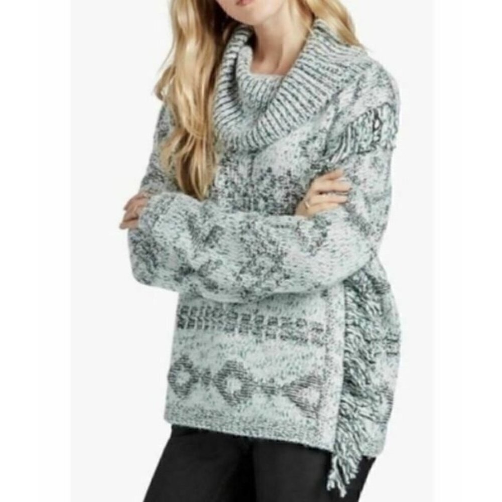 Lucky Brand Cowl Neck Fringe Sweater Womens Medium Aztec Print Wool Boho
